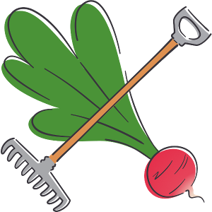 Rake and Radish Farm logo with garden rake nd red radish.